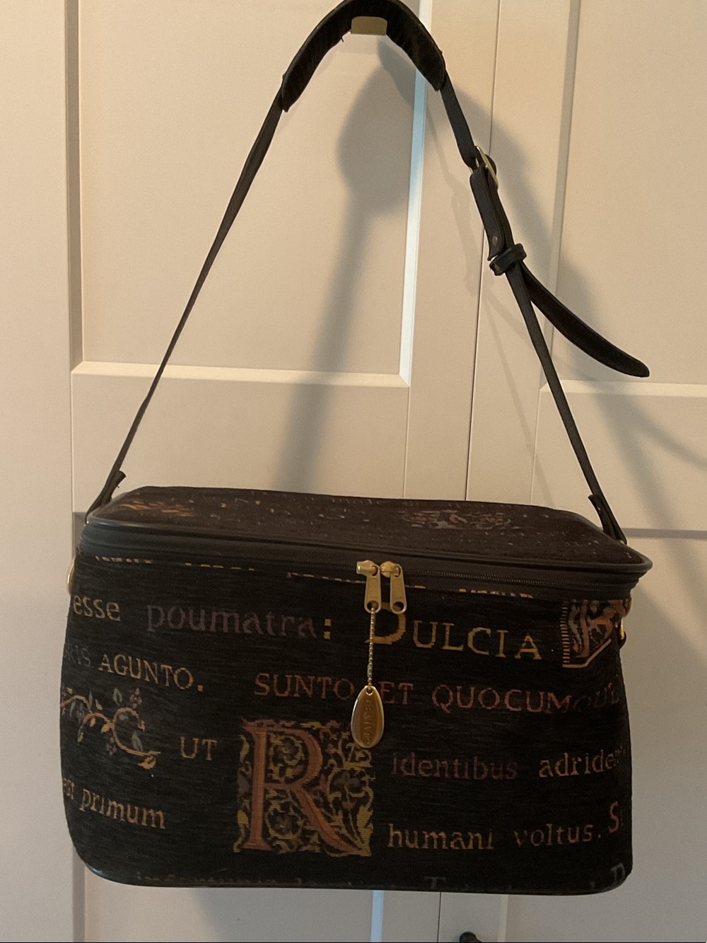 Weekend Traveler Black Text-Print Cosmetic Travel Case with Gold Hardware